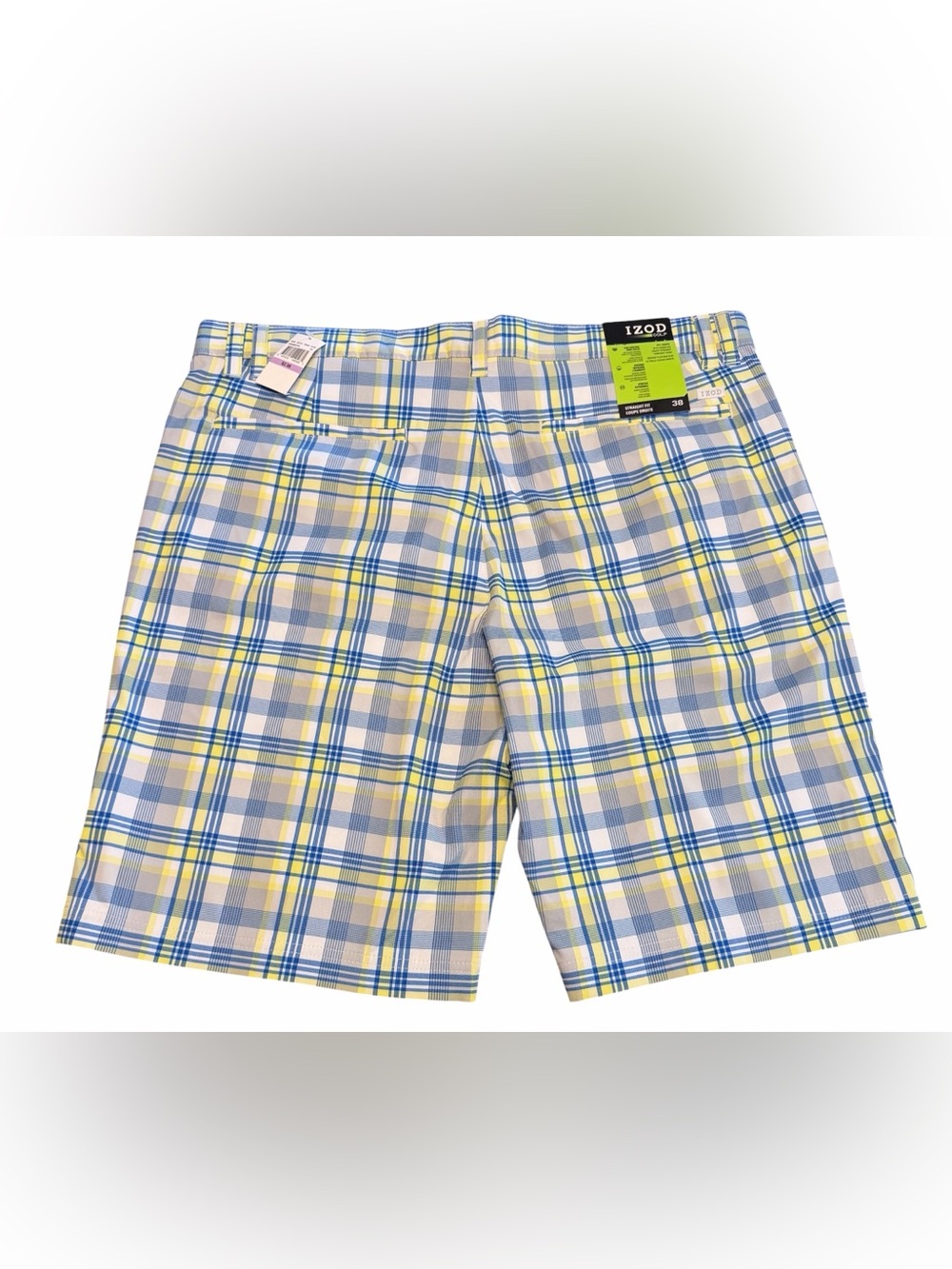 NEW Izod Performance Golf Shorts Mens Size 38 Blue Yellow White Plaid Flat Front